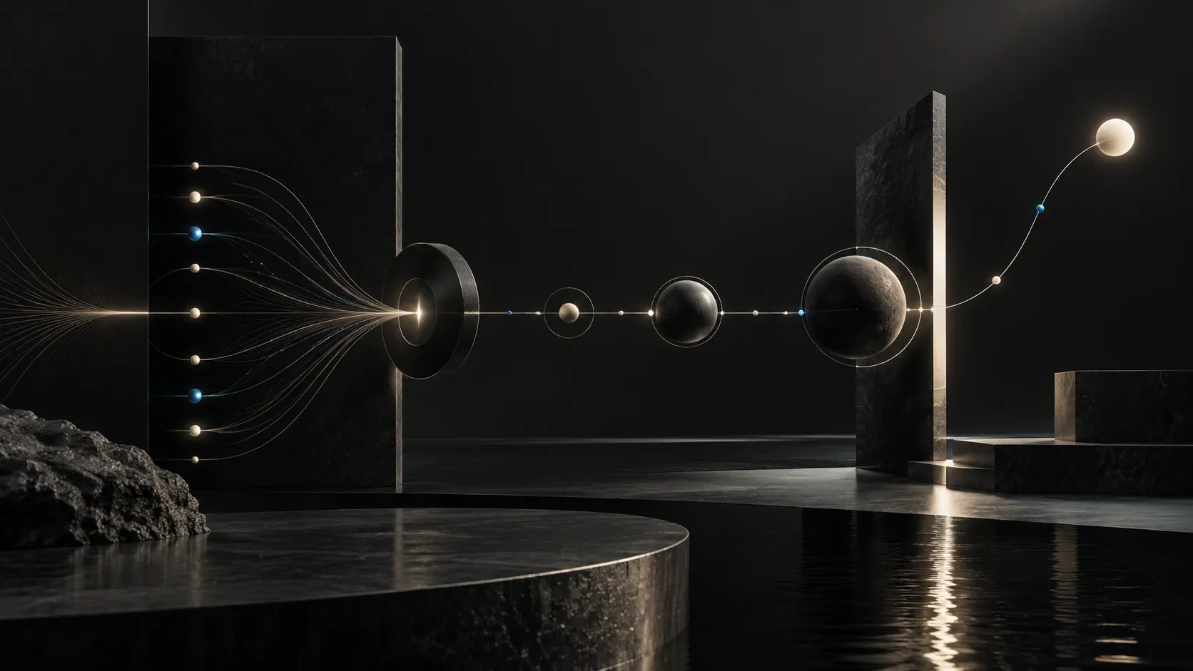 Converging lines of light pass through stone rings and a sequence of spheres before curving upward toward a bright sphere.
