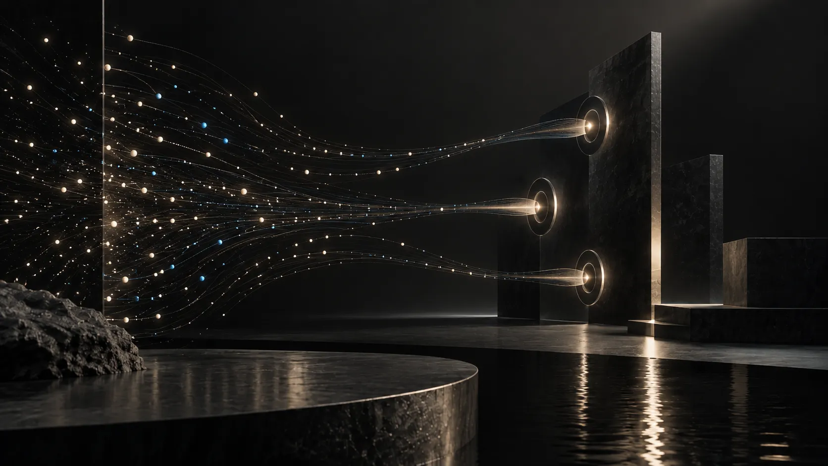 A dispersed field of points of light flowing across dark stone and converging into three illuminated receivers.
