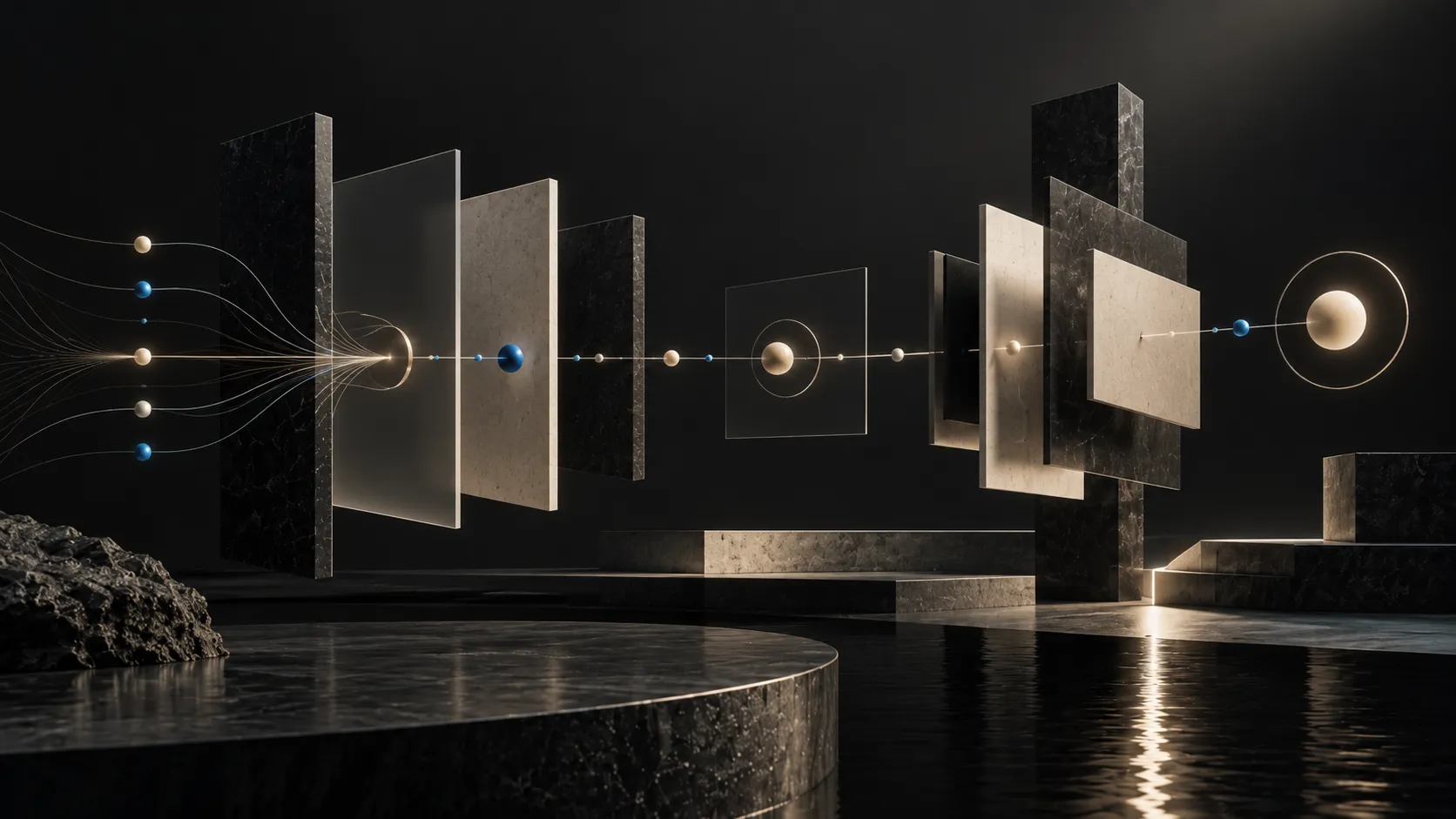 A single signal passing through a sequence of stone and glass layers, each one shaping it before the next.