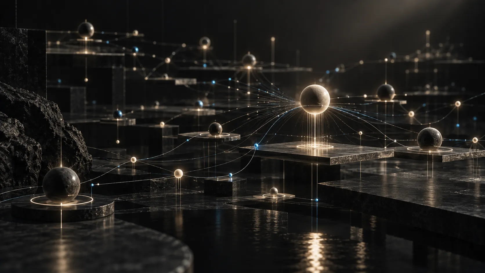 A connected network of stone spheres on marble platforms, linked by fine lines of light around one illuminated central node.